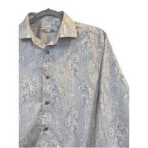 Tasso Elba Men's Long Sleeve Button Up Tan Blue Paisley Dress Shirt , Medium